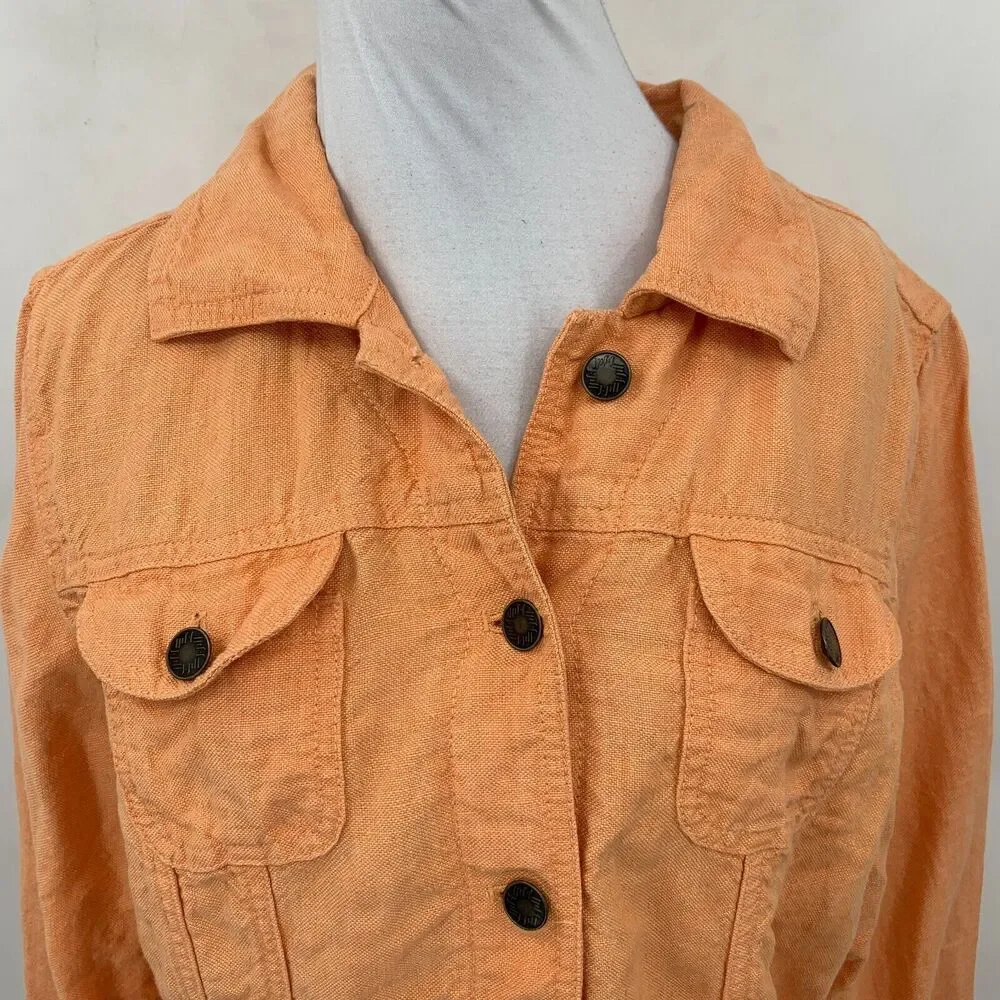 J Jill Linen Utility Jacket Womens MP Medium Petite Amber Button Up Long Sleeve
